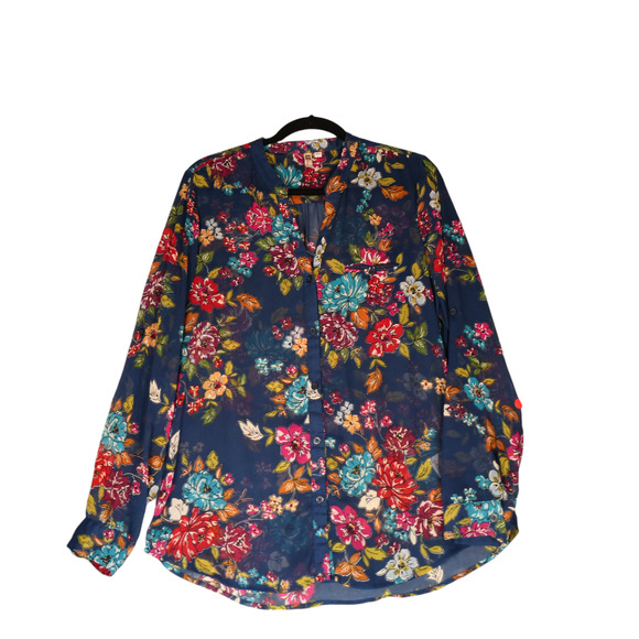 Kut From The Kloth Blouse Womens Large Blue Floral Sheer Roll Tab Sleeves Boho - Picture 2 of 13